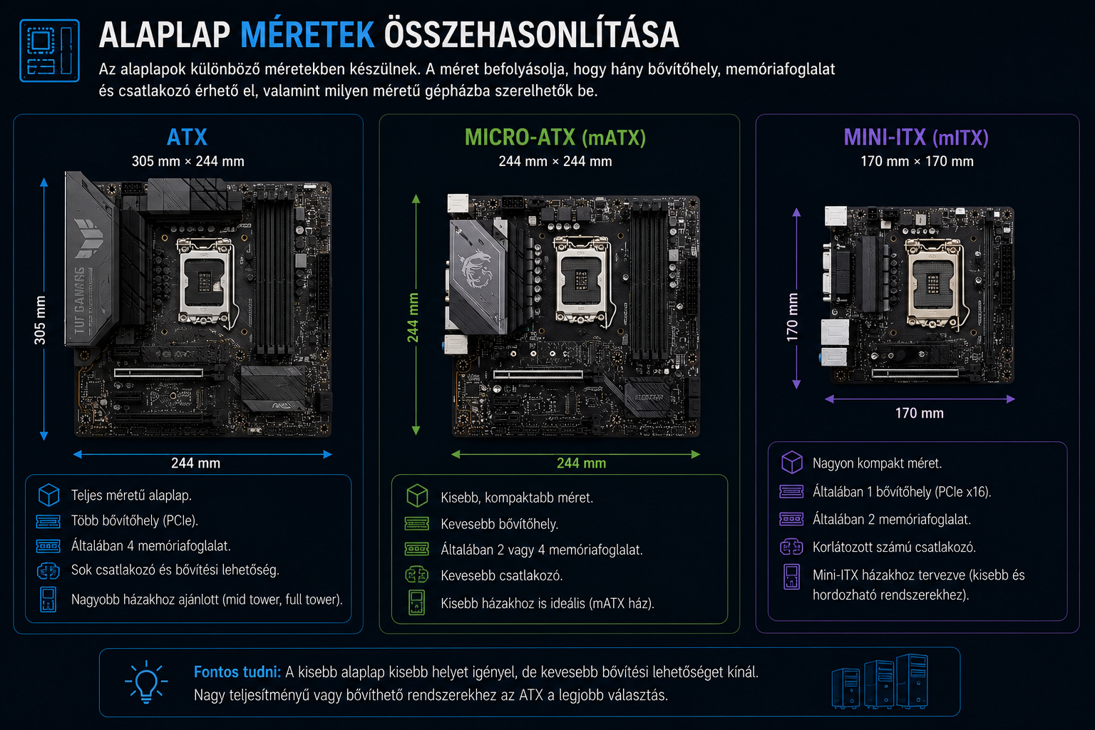 ATX, microATX és mini-ITX alaplap méretek összehasonlítása