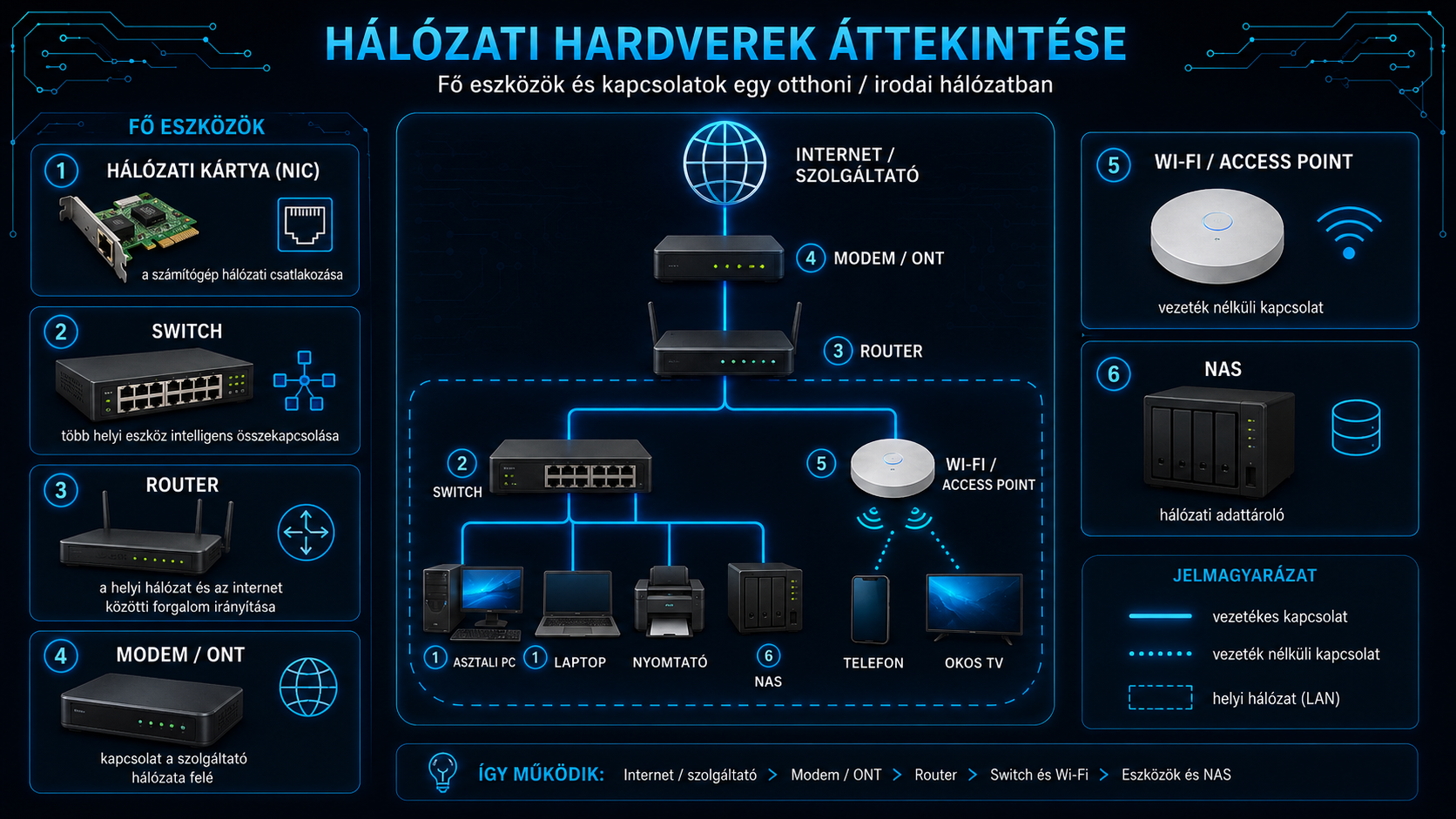 Hálózati hardverek áttekintése hálózati kártya switch router modem Wi-Fi és NAS