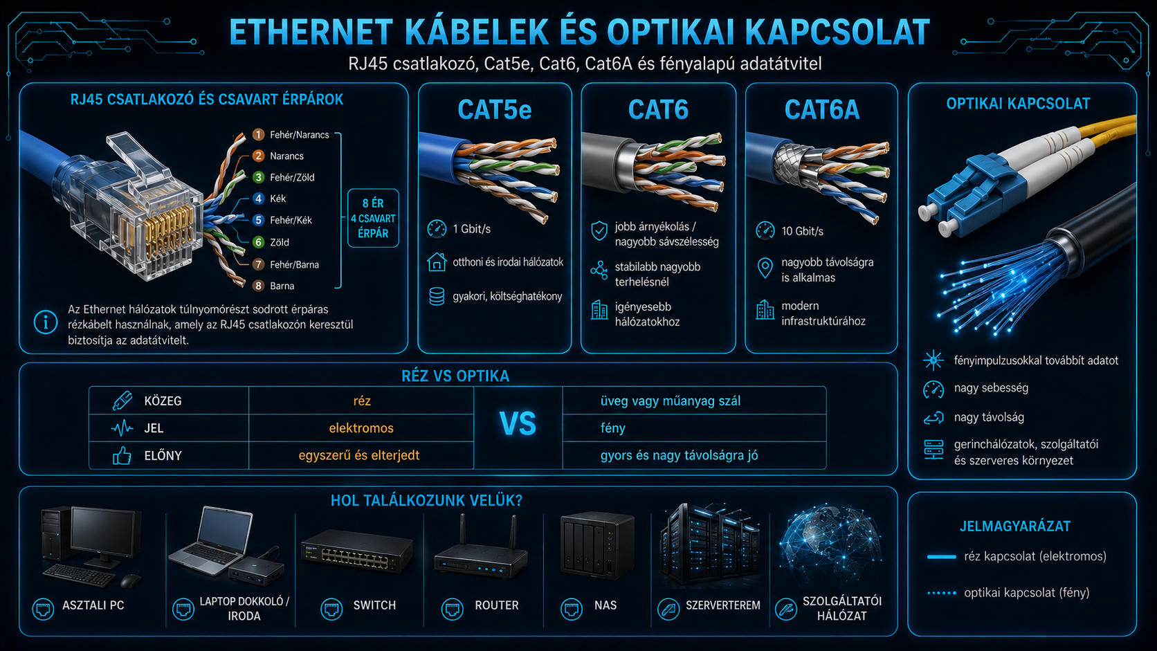 Ethernet kábelek RJ45 csatlakozó Cat5e Cat6 Cat6A és optikai kapcsolat