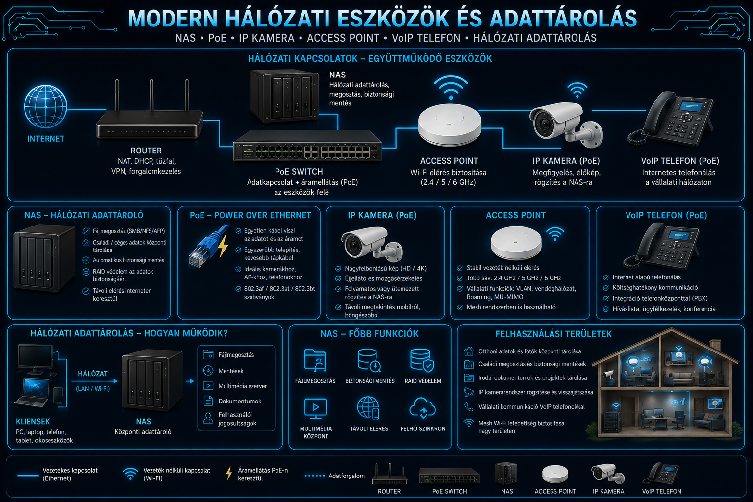 NAS PoE IP kamera access point VoIP telefon és hálózati adattárolás