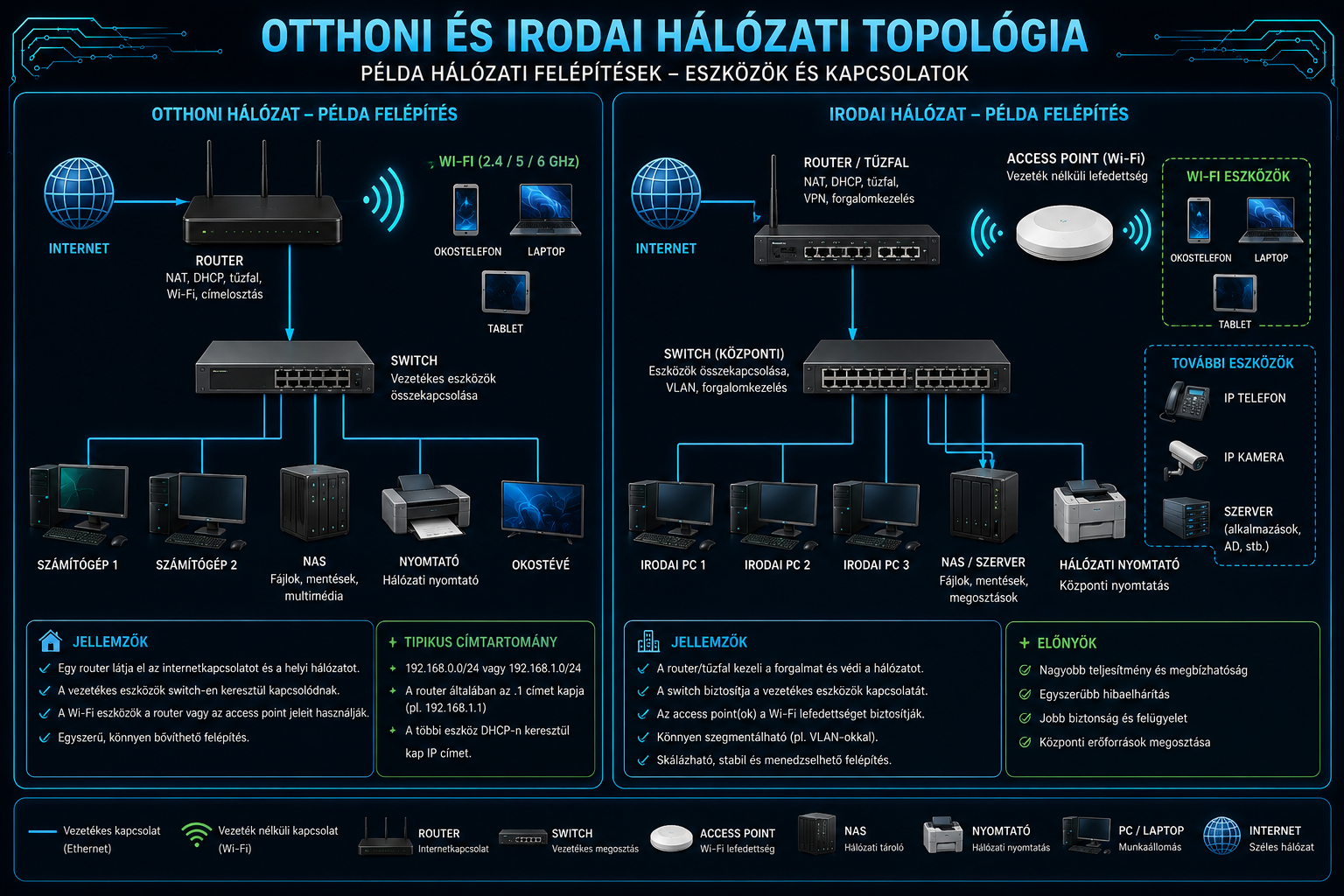 Otthoni és irodai hálózati topológia router switch access point NAS nyomtató és számítógépek