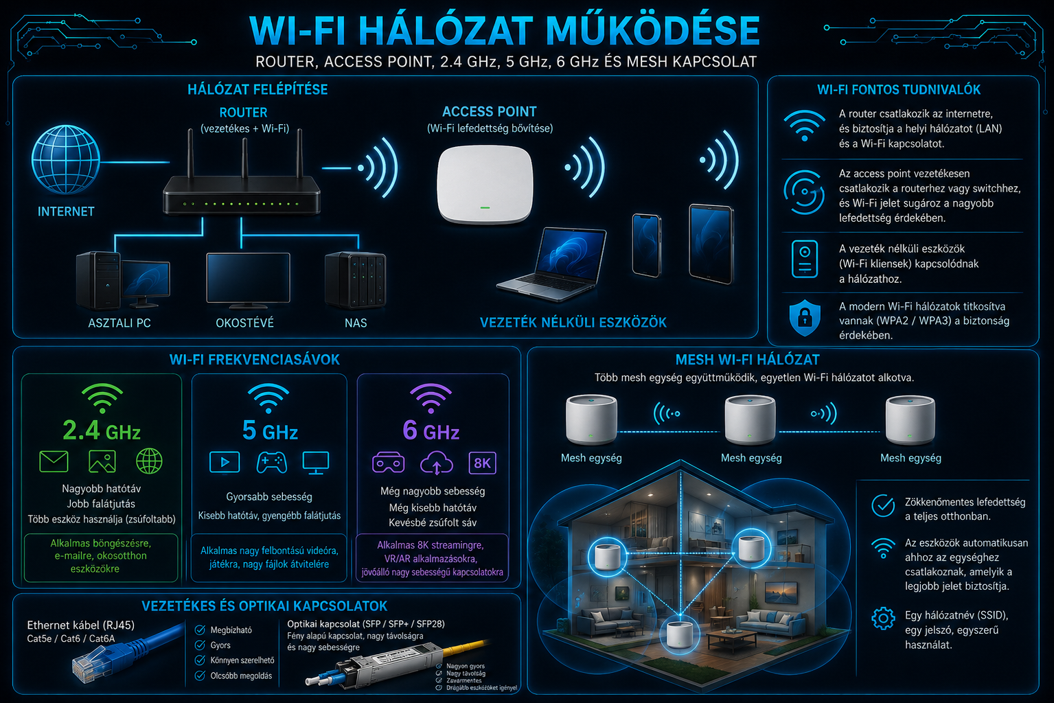 Wi-Fi hálózat működése router access point 2.4 GHz 5 GHz 6 GHz és mesh kapcsolat