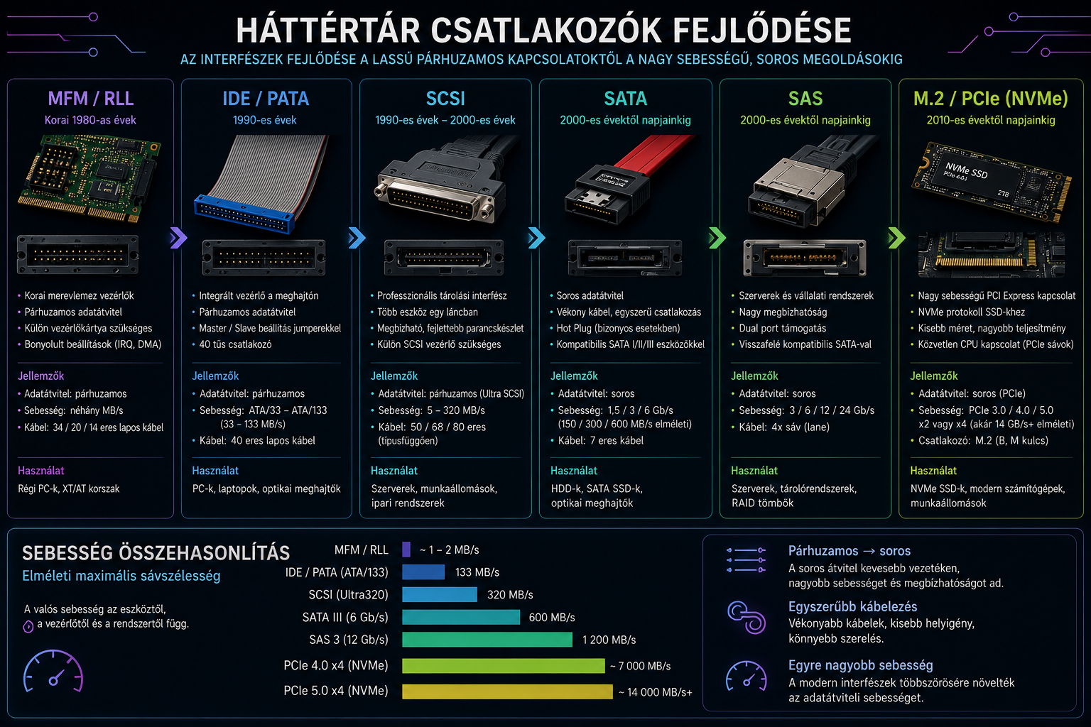 Háttértár csatlakozók fejlődése MFM, IDE, SCSI, SATA, SAS és M.2 PCIe