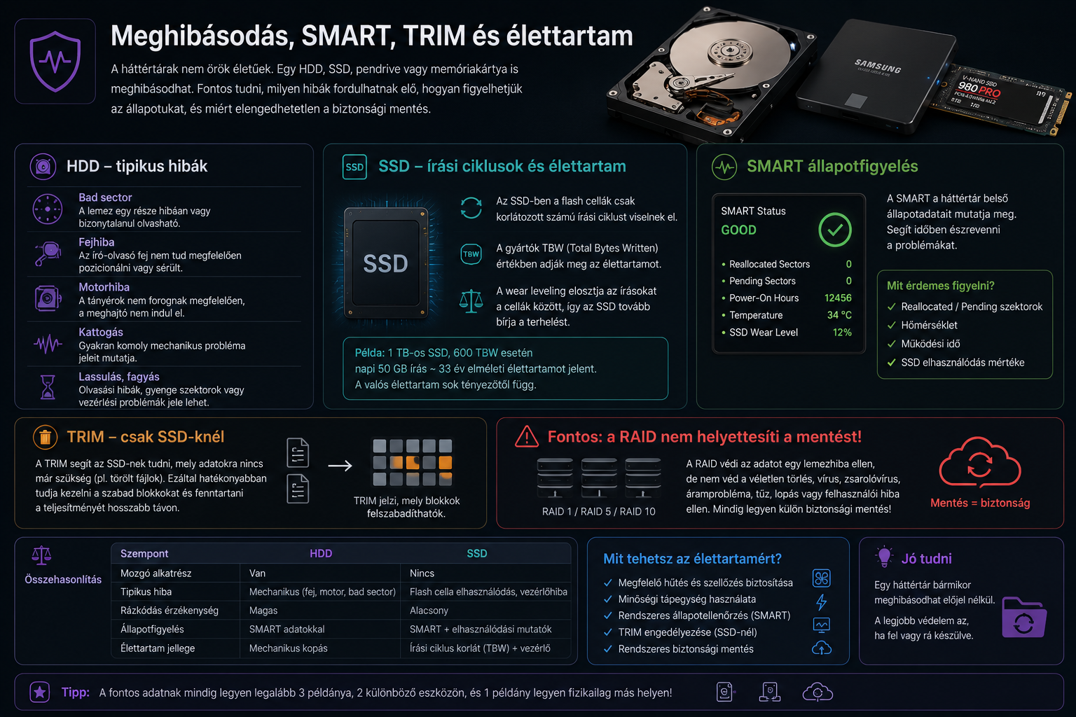 Háttértár meghibásodás, SMART, TRIM és élettartam