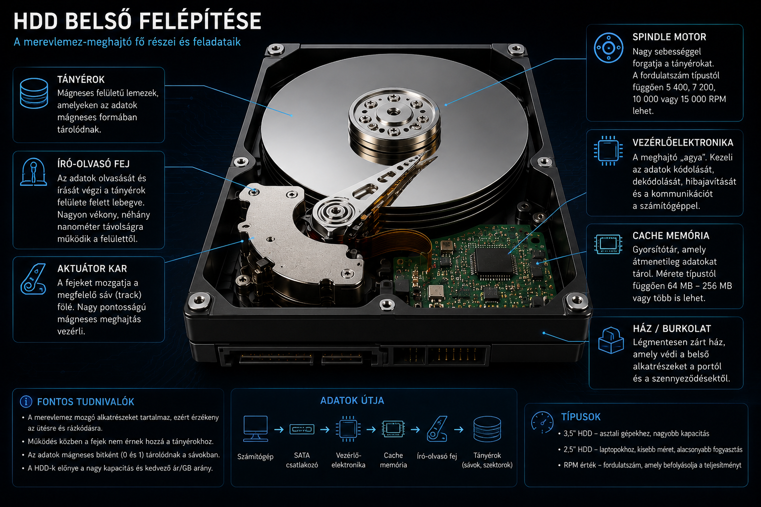 HDD belső felépítése tányérokkal és író-olvasó fejjel