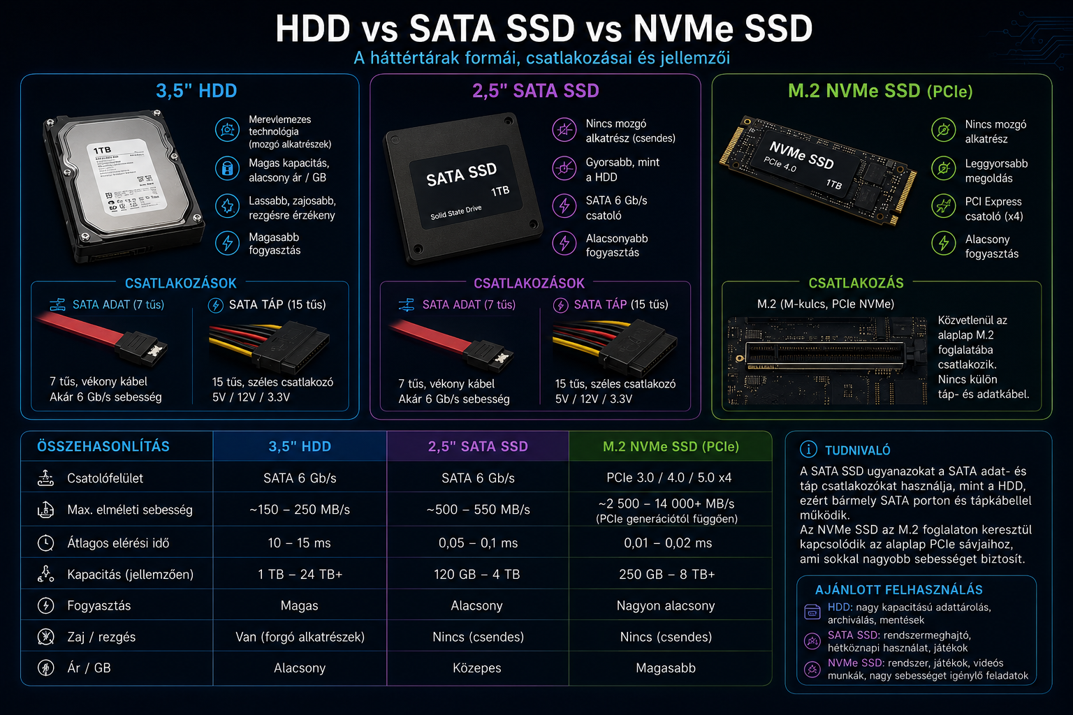 HDD, SATA SSD és NVMe SSD összehasonlítása
