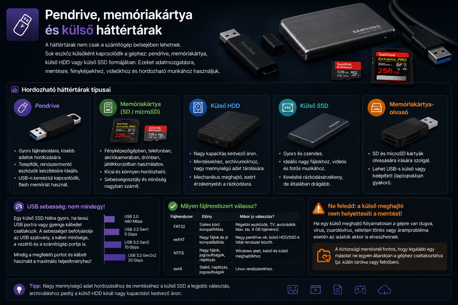 Pendrive, memóriakártya, külső HDD és külső SSD