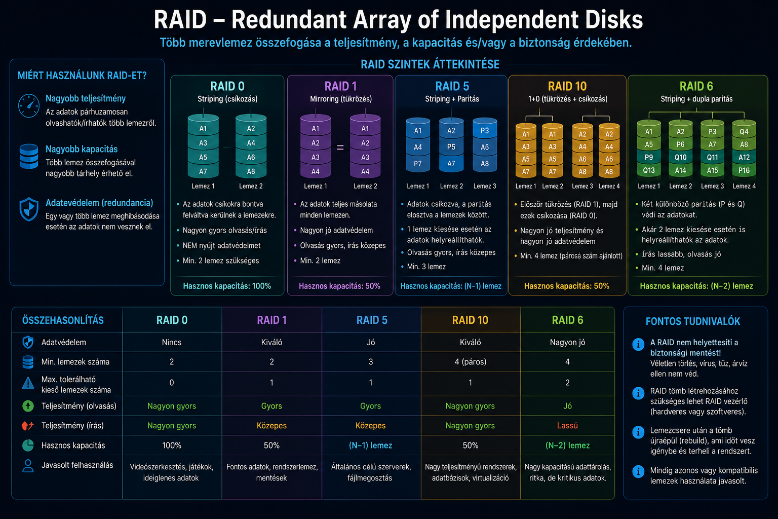 RAID 0, RAID 1, RAID 5, RAID 6 és RAID 10 szemléltetése