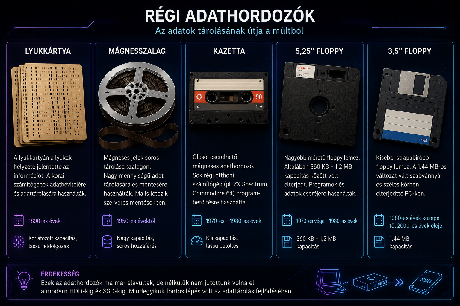 Régi adathordozók: lyukkártya, mágnesszalag, kazetta és floppy