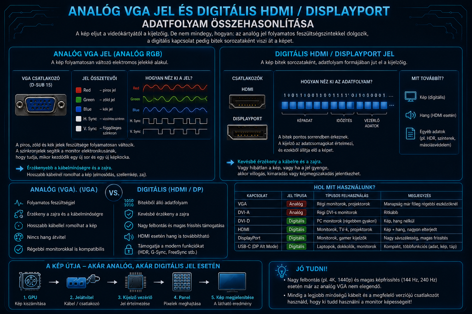 Analóg VGA jel és digitális HDMI DisplayPort adatfolyam összehasonlítása