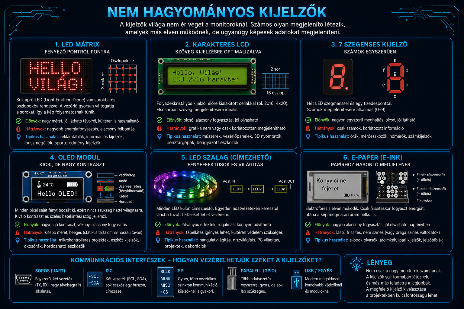 Nem hagyományos kijelzők LED mátrix karakteres LCD 7 szegmenses kijelző OLED modul és LED szalag