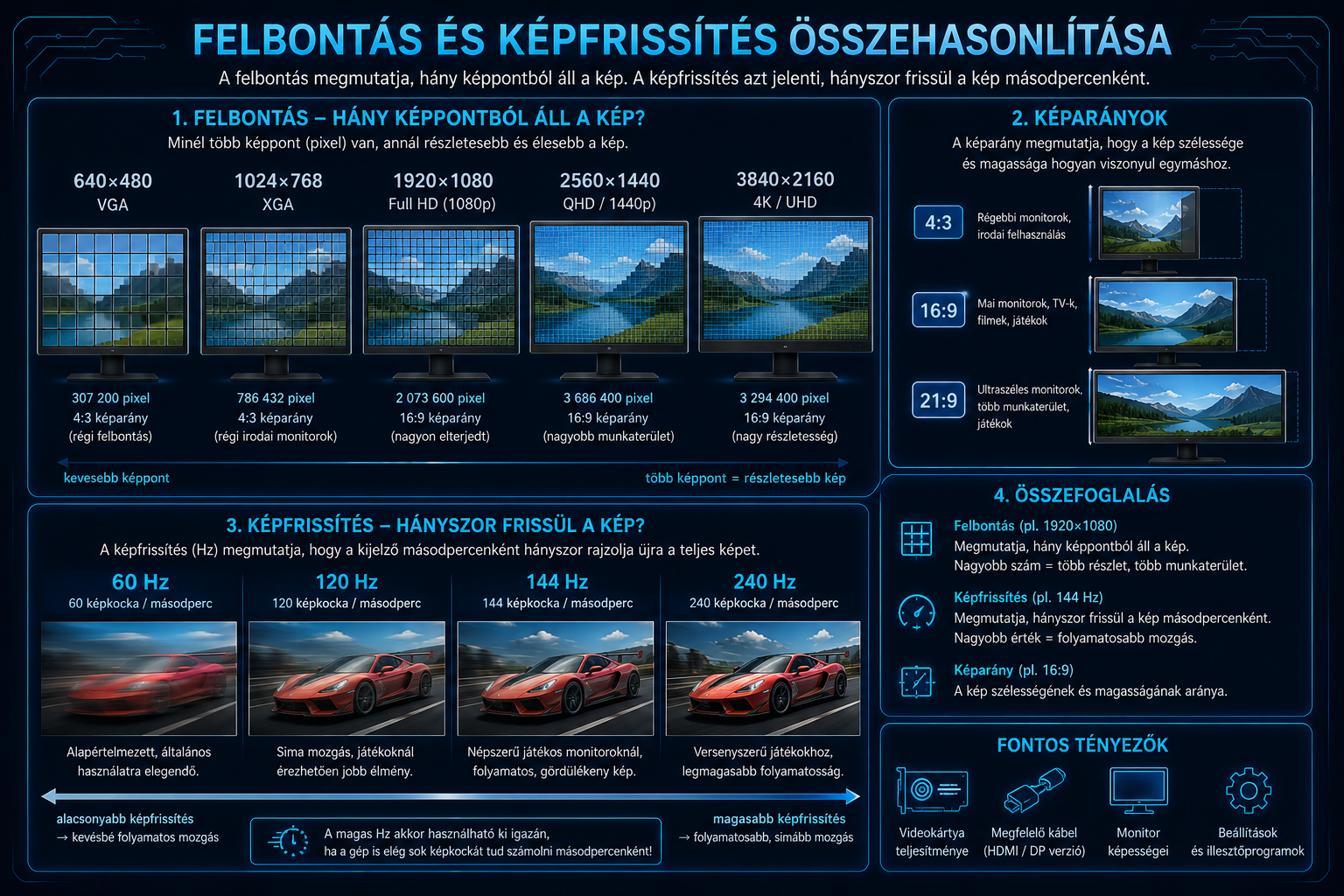 Felbontás és képfrissítés összehasonlítása monitorokon