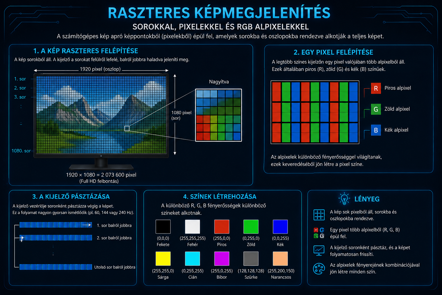 Raszteres képmegjelenítés sorokkal, pixelekkel és RGB alpixelekkel