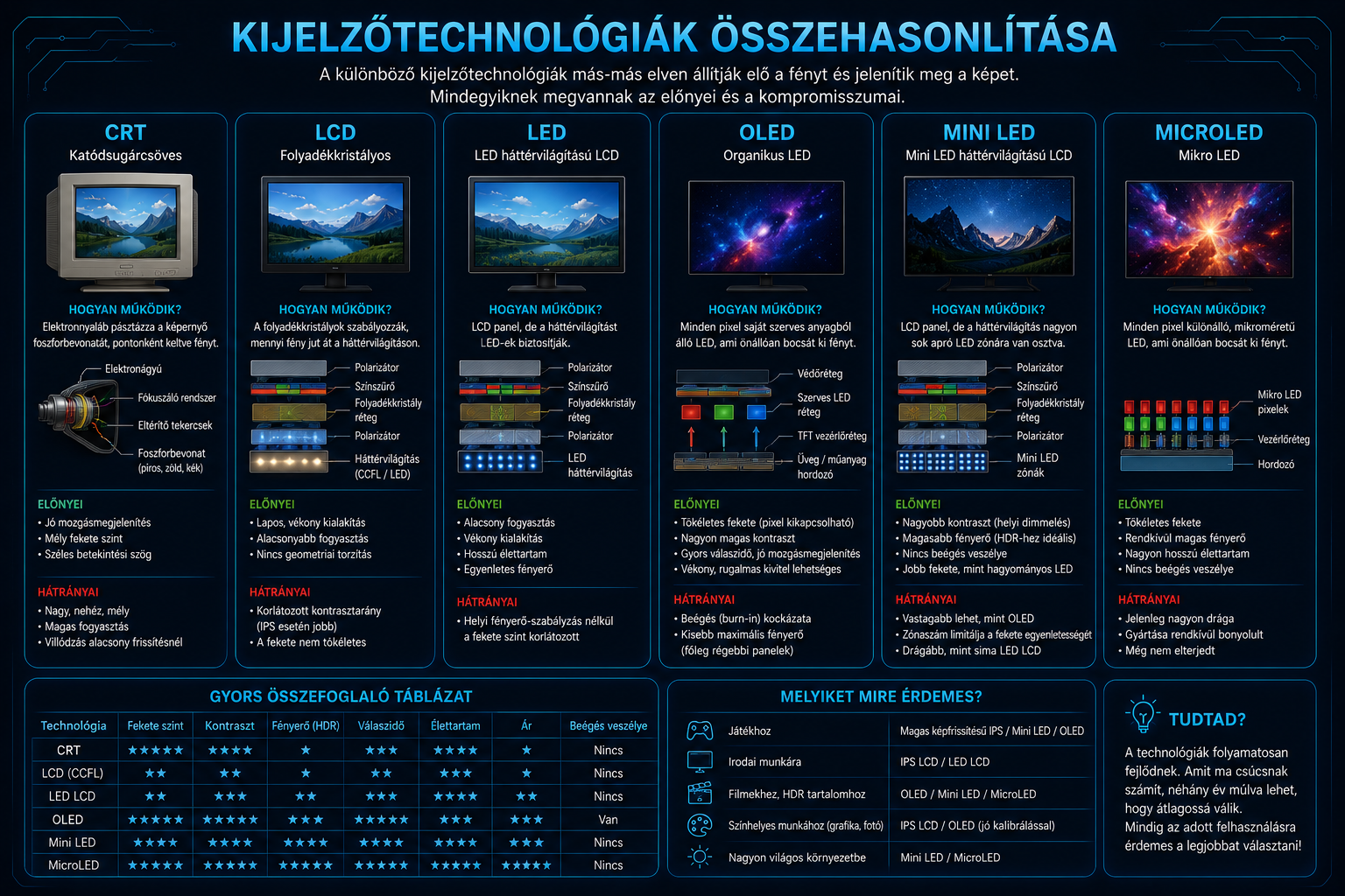 CRT LCD LED OLED Mini LED és MicroLED kijelzőtechnológiák összehasonlítása