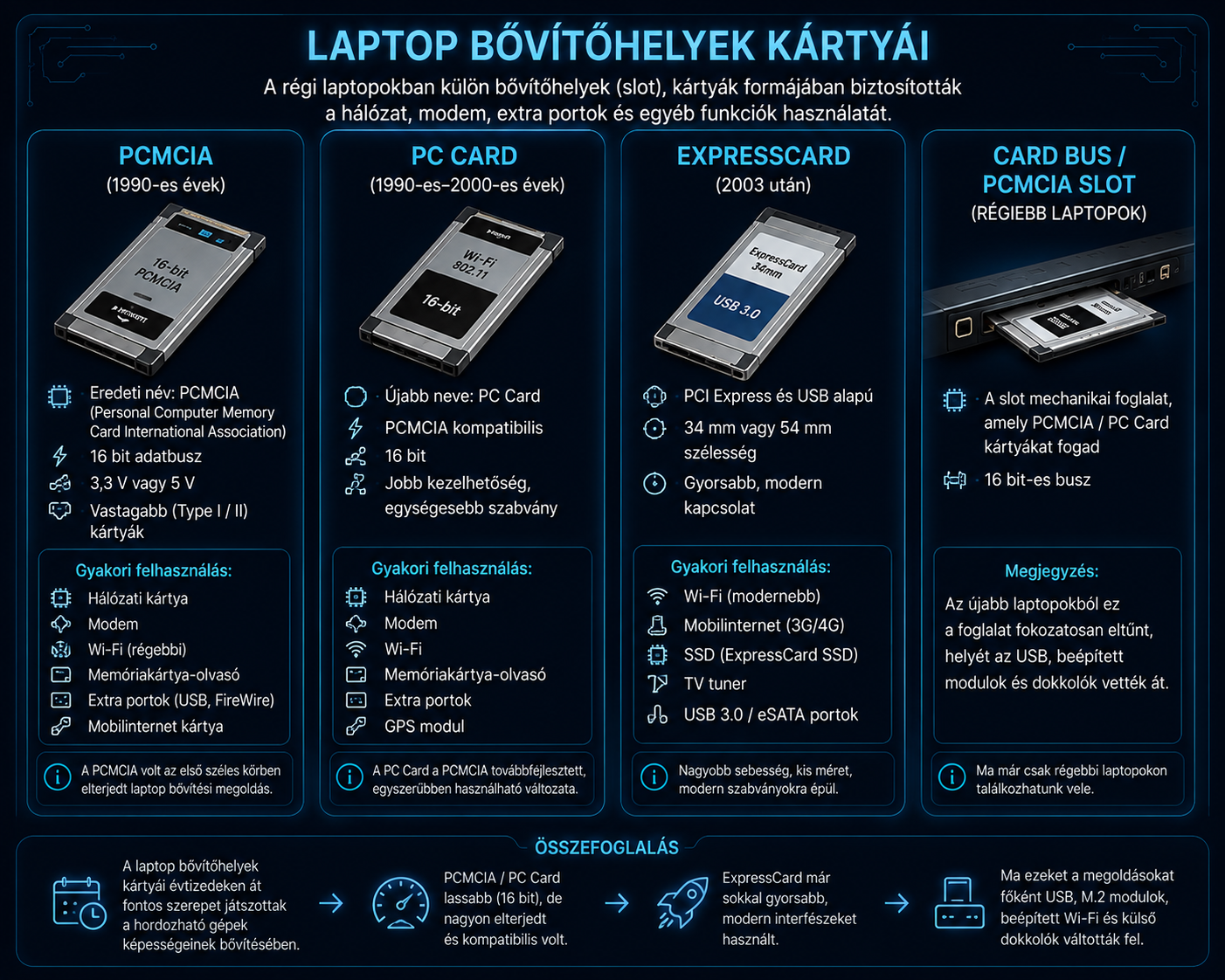 Laptop bővítőhelyek kártyái: PCMCIA, PC Card, ExpressCard és CardBus
