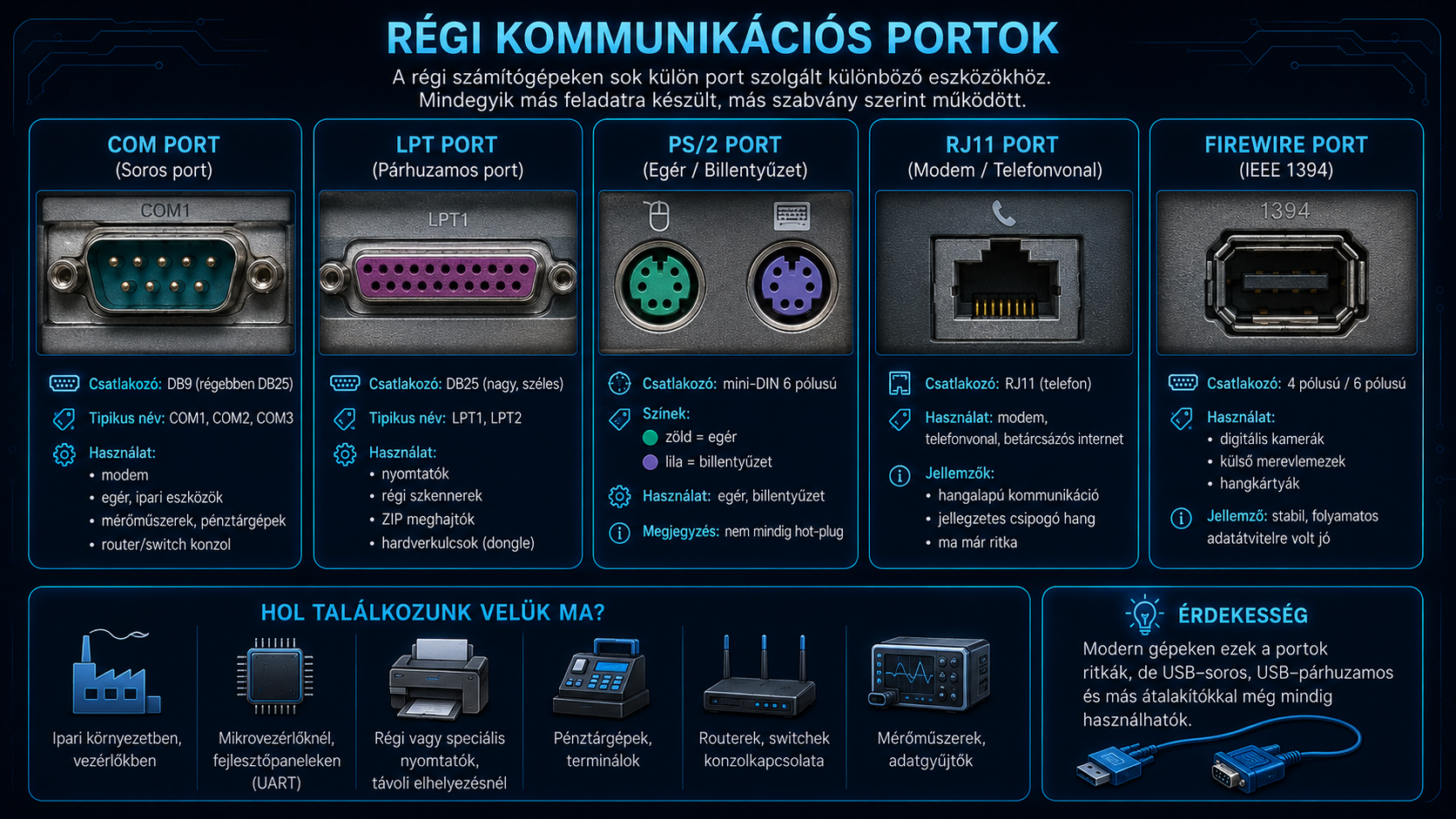 Régi kommunikációs portok: COM, LPT, PS/2, RJ11 és FireWire