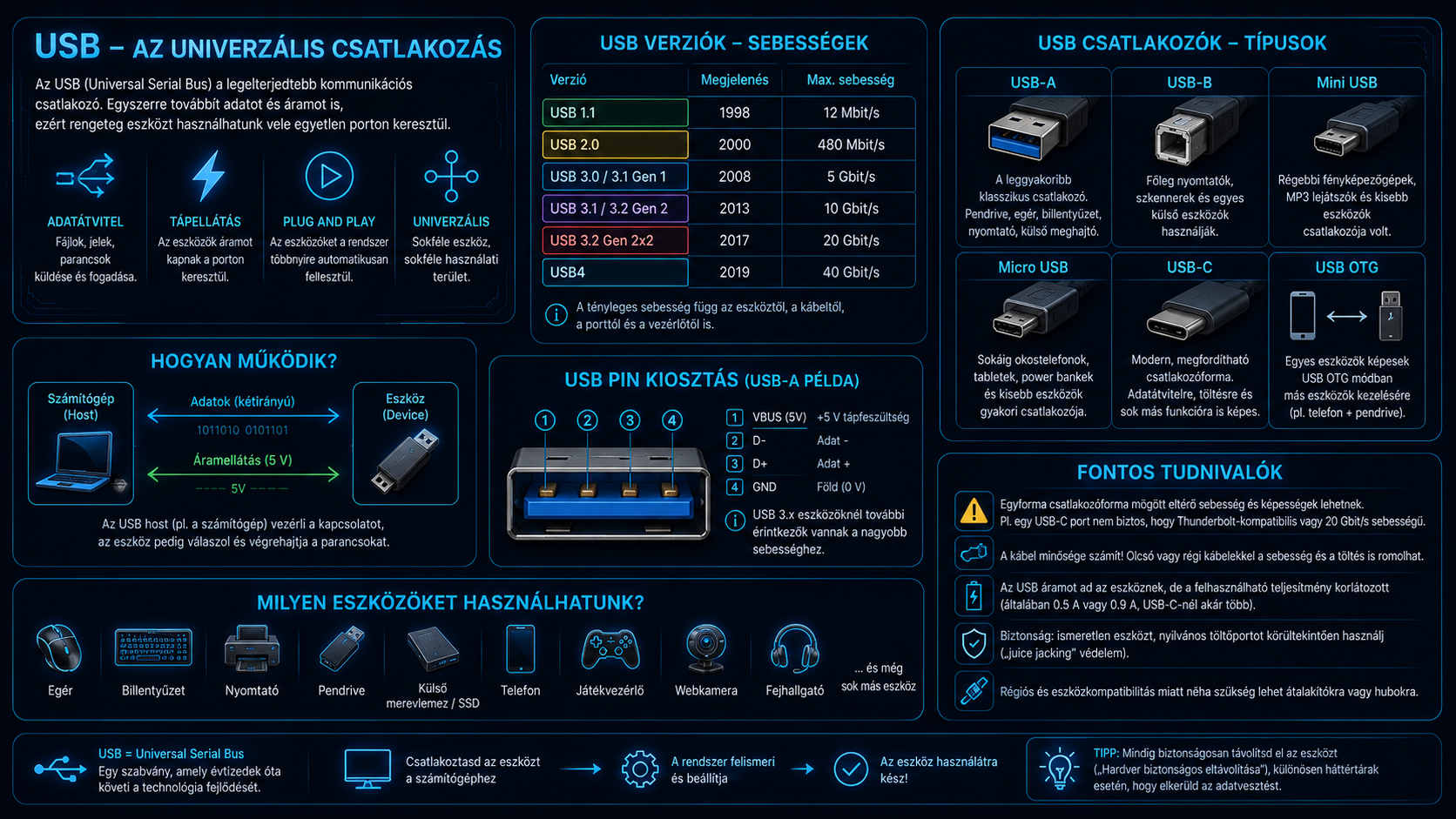 USB csatlakozók, verziók és adatátvitel