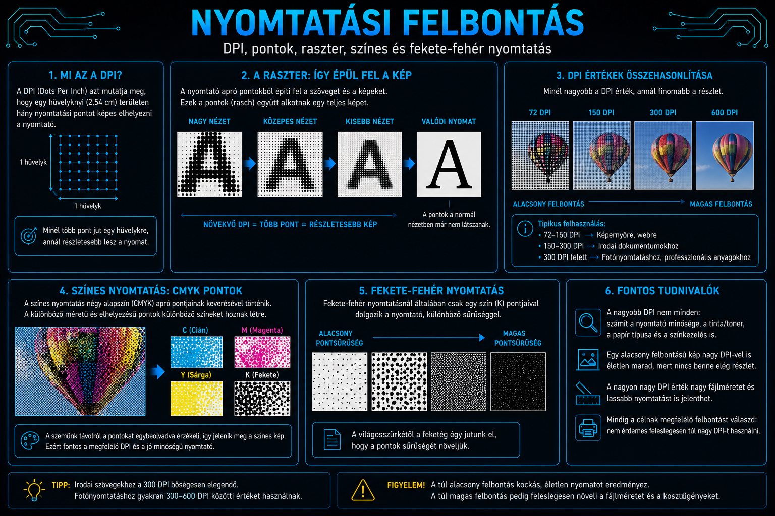 Nyomtatási felbontás DPI pontok raszter színes és fekete-fehér nyomtatás