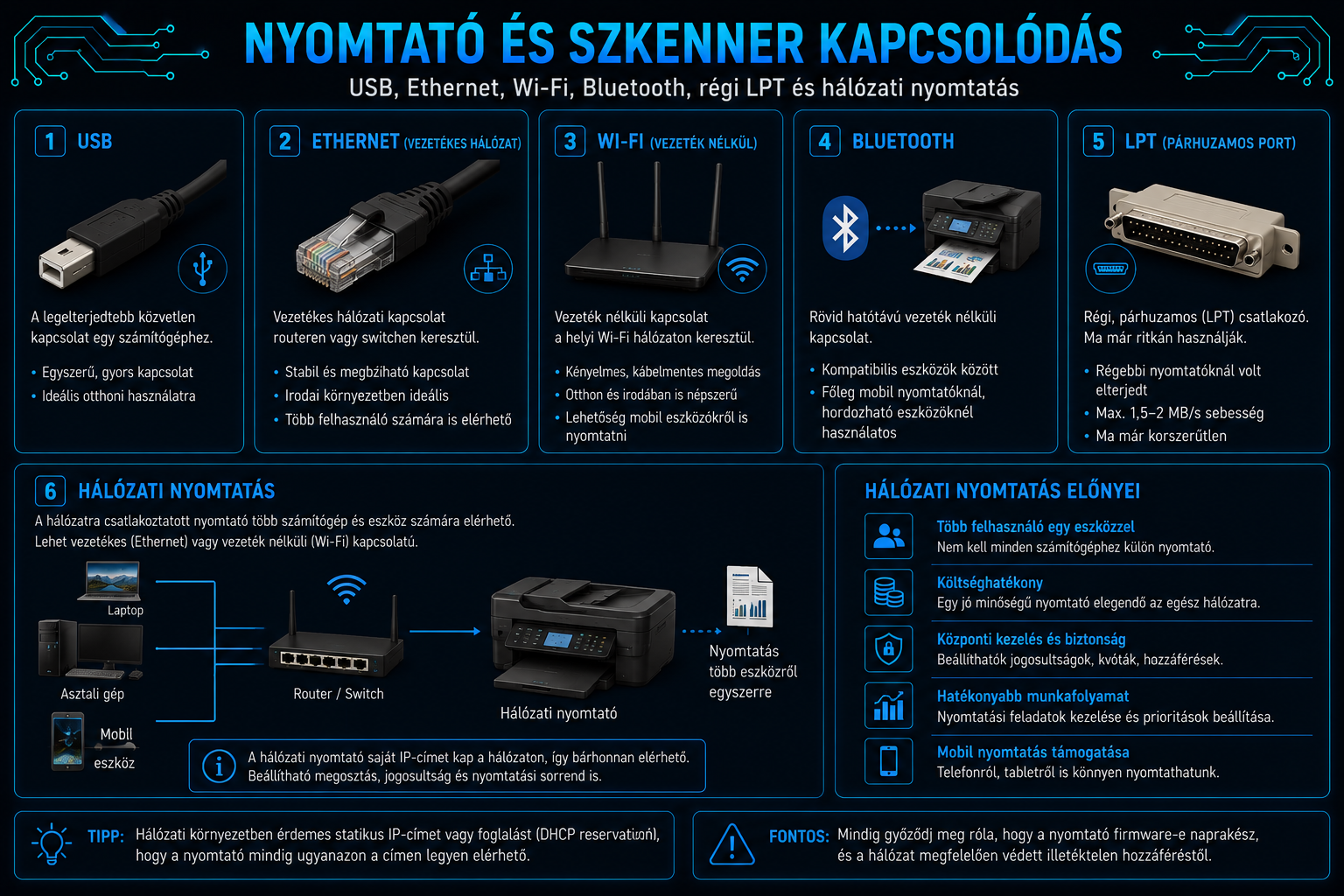 Nyomtató és szkenner kapcsolódás USB Ethernet Wi-Fi Bluetooth régi LPT és hálózati nyomtatás