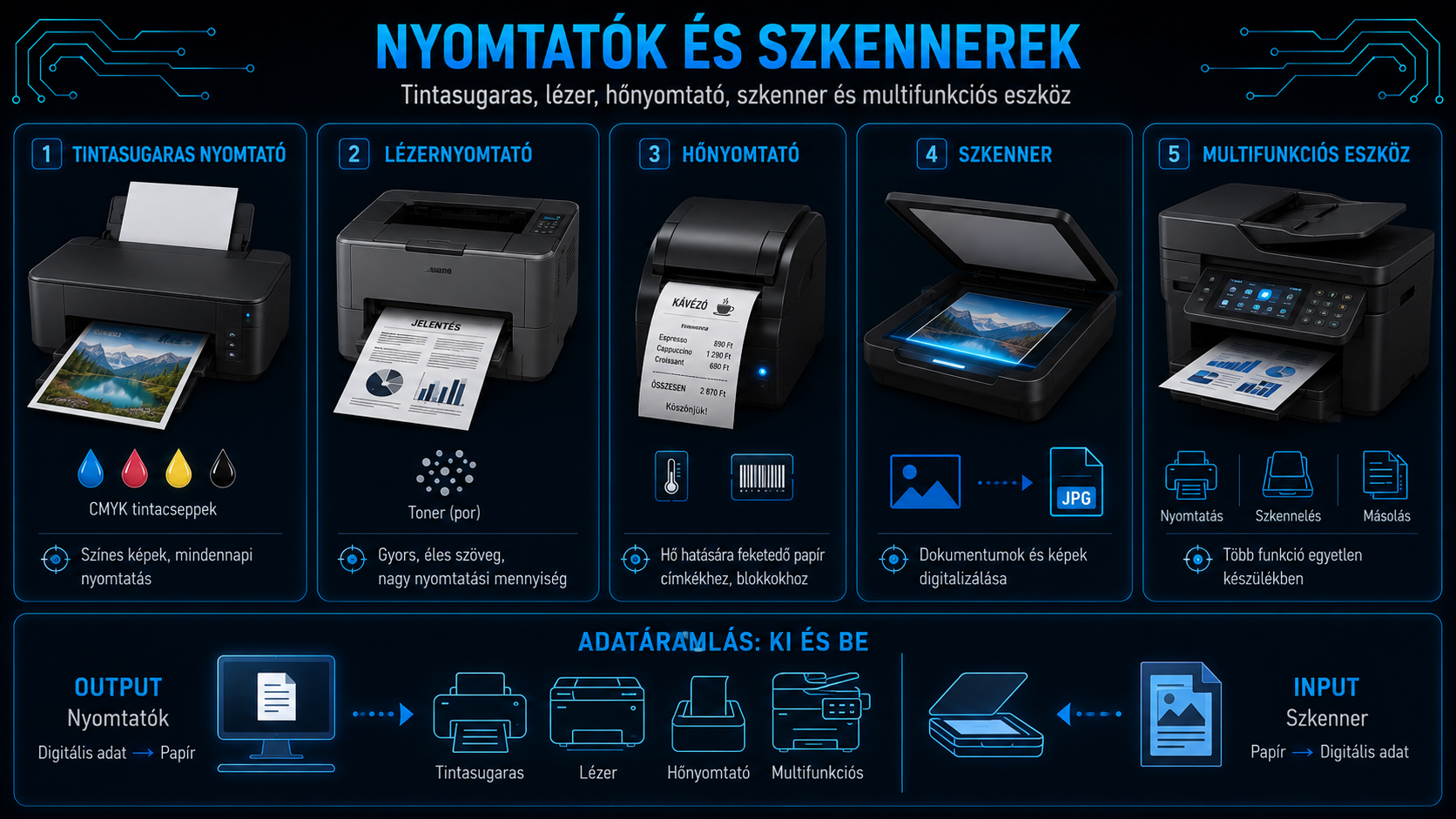 Nyomtatók és szkennerek áttekintése tintasugaras lézer hőnyomtató szkenner és multifunkciós eszköz