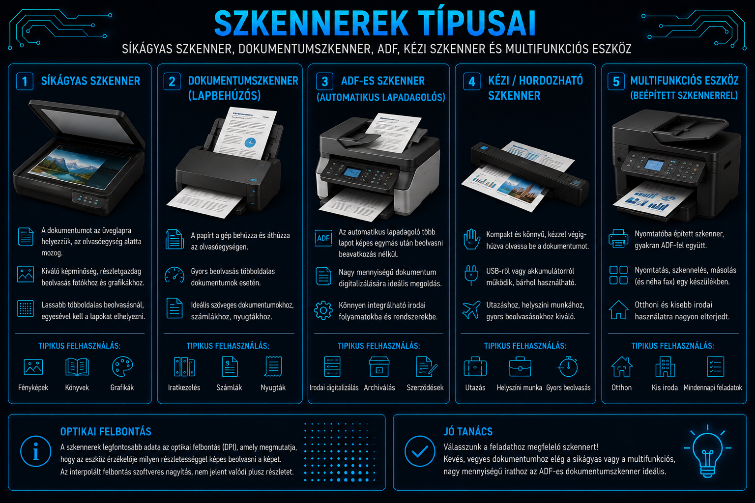 Szkennerek típusai síkágyas szkenner dokumentumszkenner ADF kézi szkenner és multifunkciós eszköz