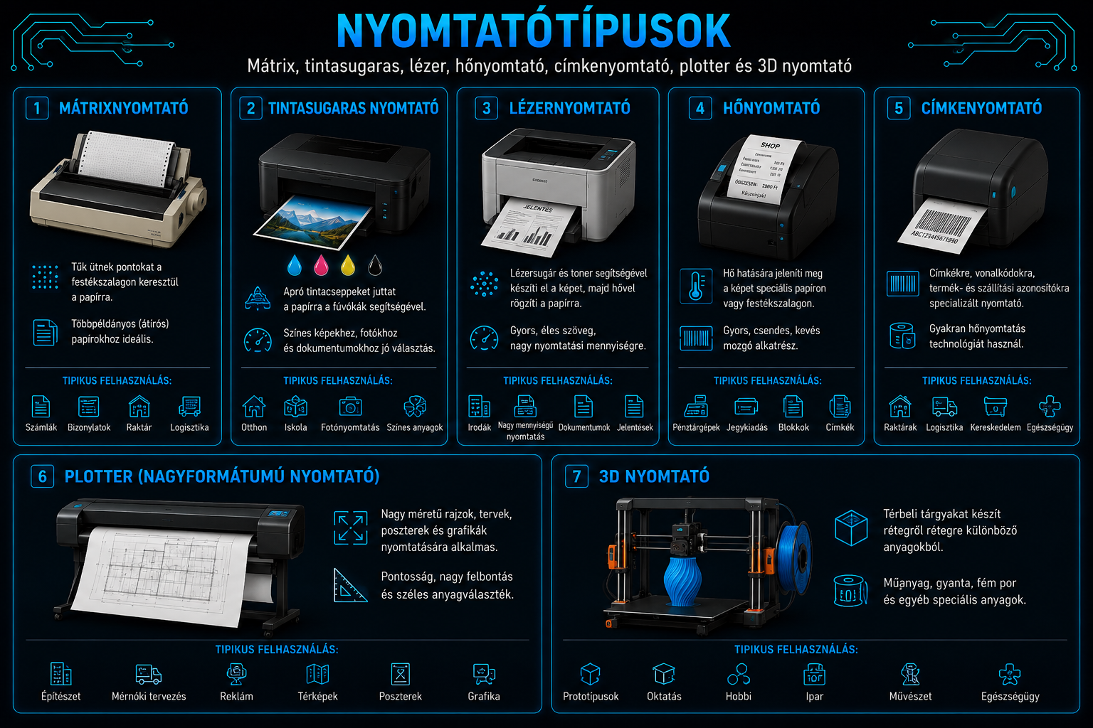 Nyomtatótípusok mátrix tintasugaras lézer hőnyomtató címkenyomtató plotter és 3D nyomtató