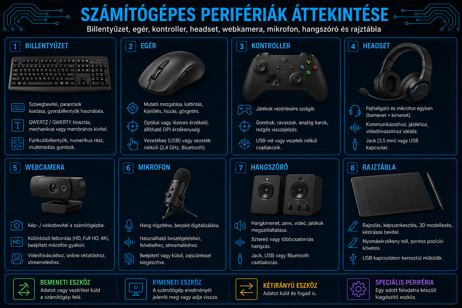 Számítógépes perifériák áttekintése billentyűzet egér kontroller headset webkamera mikrofon hangszóró és rajztábla