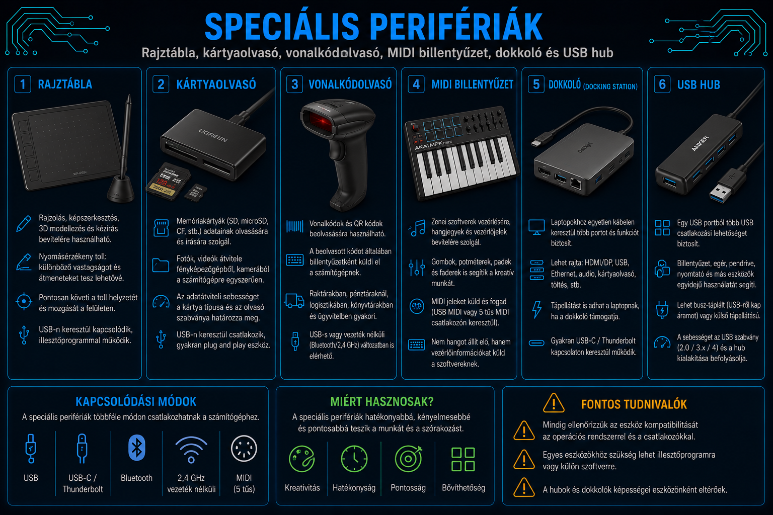 Speciális perifériák rajztábla kártyaolvasó vonalkódolvasó MIDI billentyűzet dokkoló és USB hub