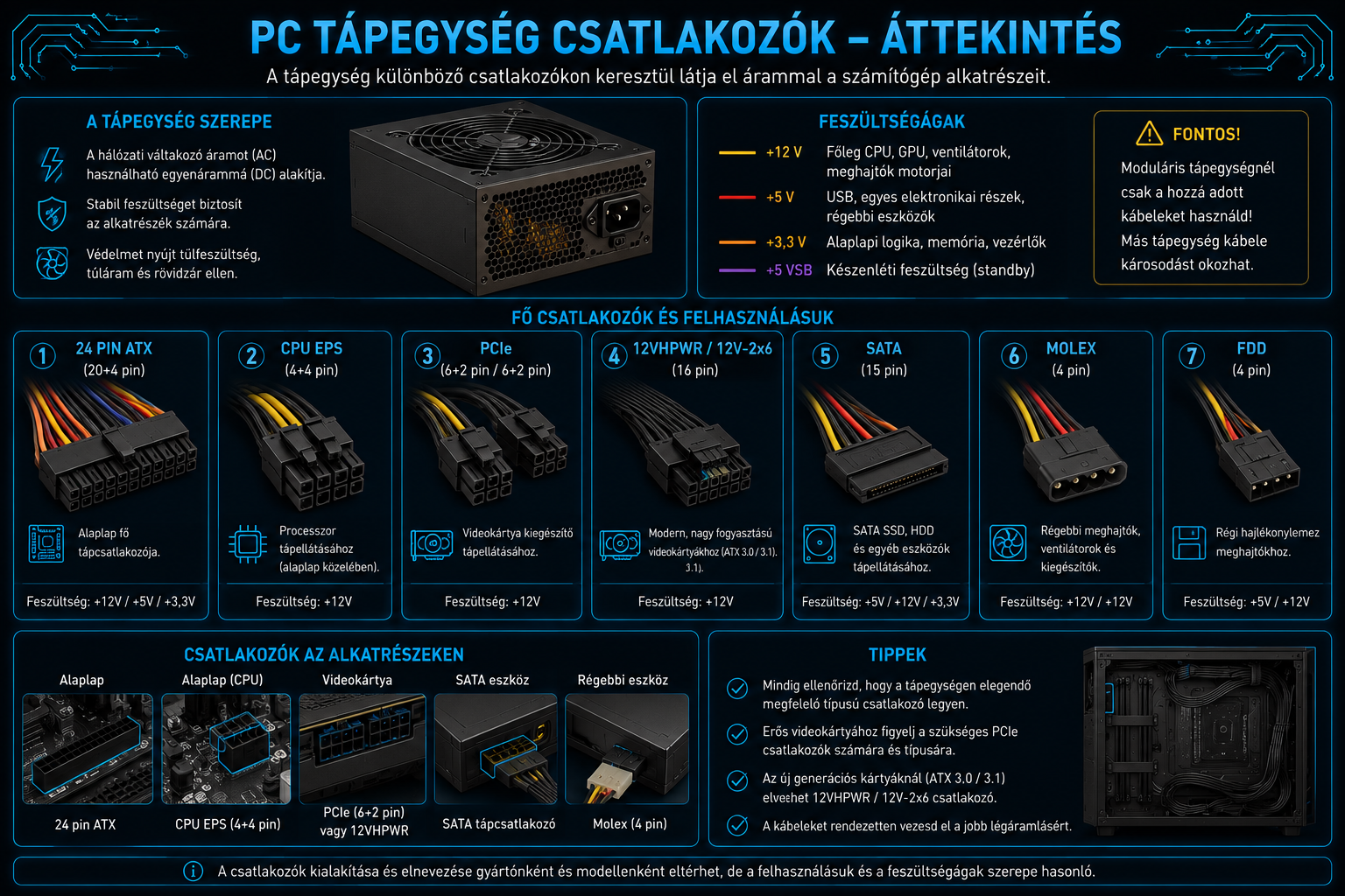 PC tápegység csatlakozók 24 pin ATX CPU EPS PCIe SATA Molex és modern GPU tápkábel