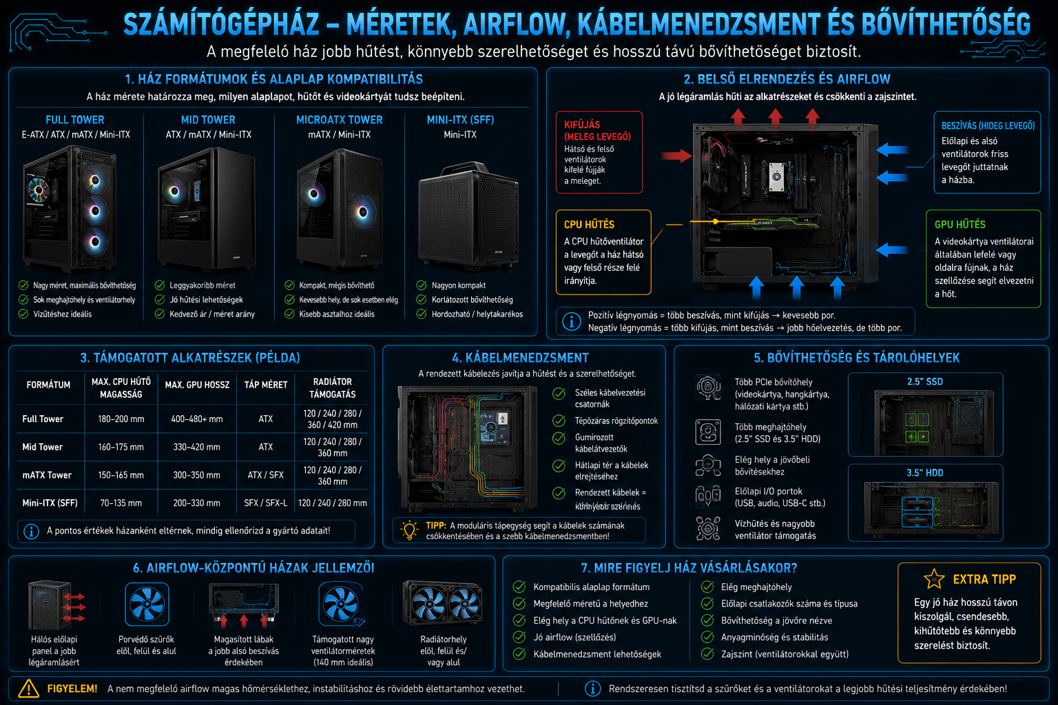 Számítógépház méretek ATX microATX mini ITX airflow kábelmenedzsment és bővíthetőség