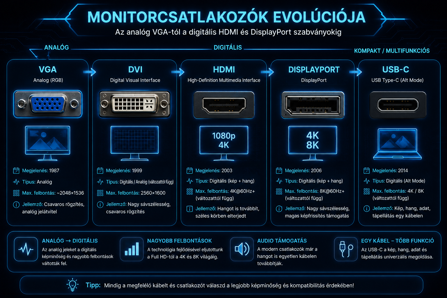 Monitorcsatlakozók fejlődése VGA, DVI, HDMI, DisplayPort és USB-C sorrendben